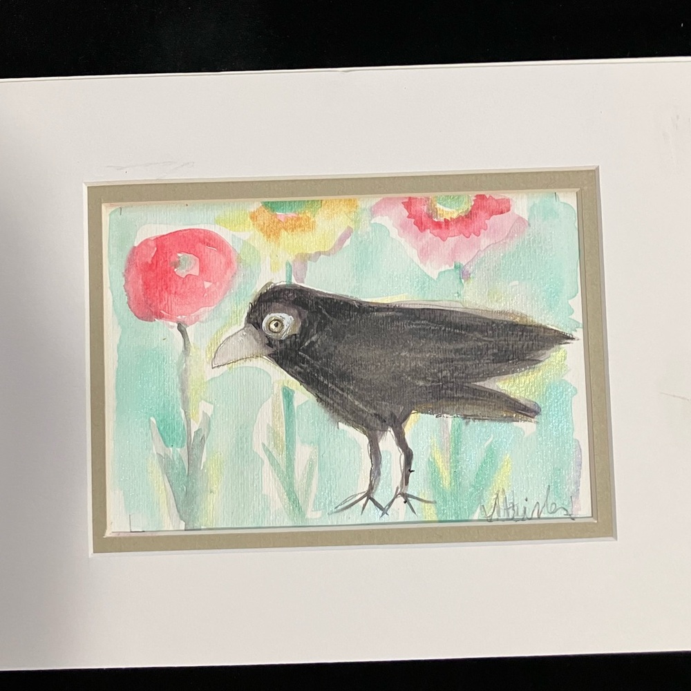 Garden Crow”An Original Watercolor /Mixed Media Painting Matted 5"x7" - Picture 6 of 11